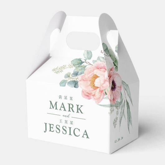 Roze Bloem Tweetalige Chinese bruiloft Dank u Bedankdoosjes (Voorkant Zijde)