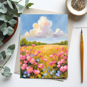 Roze Bloem Veld Landschap Schilderij Briefkaart