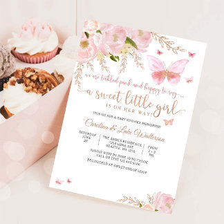 Roze bloem vlinder babyshower uitnodiging