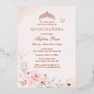 Roze bloem vlinder roos goud Quinceanera 15e Folie Uitnodiging