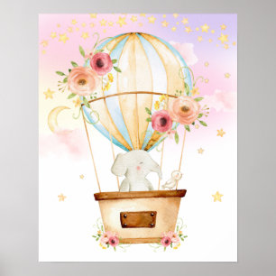 Roze bloem warme luchtballon Olifant Avontuur Poster