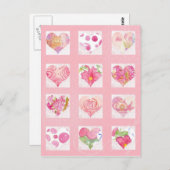 Roze Bloem Waterverf Harten Collage Rozen Cat Briefkaart (Voorkant / Achterkant)