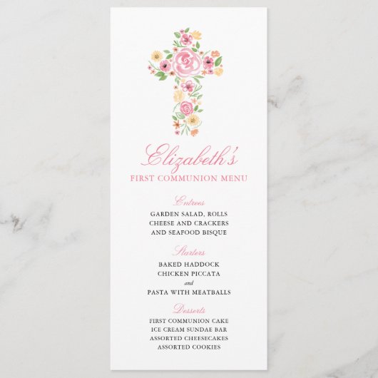 Roze Bloem Waterverf Kruis Eerste Communie Menu (Voorkant)