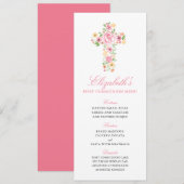 Roze Bloem Waterverf Kruis Eerste Communie Menu (Voorkant / Achterkant)