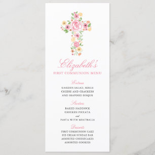 Roze Bloem Waterverf Kruis Eerste Communie Menu