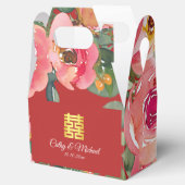 Roze bloemachtergrond dubbel geluk symbool bedankdoosjes (Geopend)