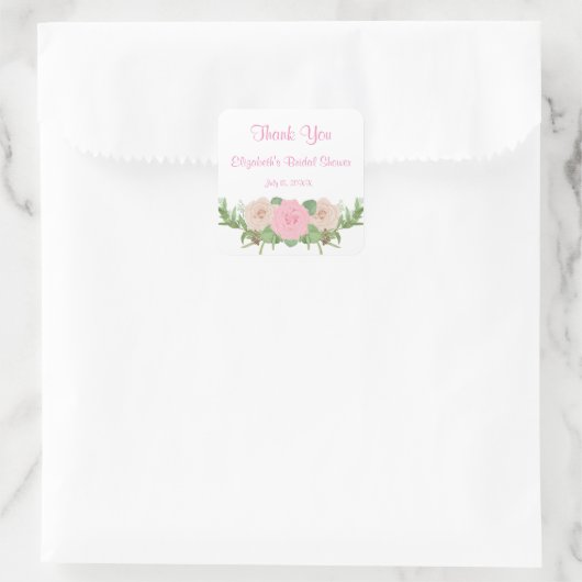 Roze Bloemachtige Bruidsdouche Vierkante Sticker (Tas)