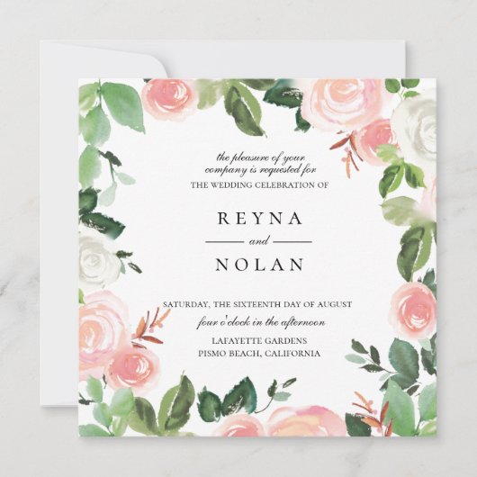Roze bloemblaadje groen Lijst bruiloft uitnodiging (Voorkant)