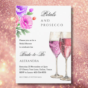 Roze Bloemblaadjes en Prosecco Bruidsdouche Kaart
