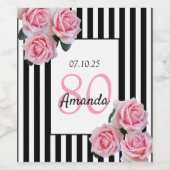 Roze bloemblaadjes zwart witte strepen 80e verjaar wijn etiket (Enkel label)