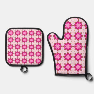 Roze Bloemblad Mozaïekpatroon Ovenwant & Pannenlap Set