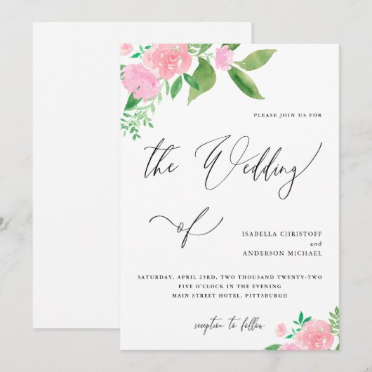  roze bloemboeket kalligrafie bruiloft kaart (Voorkant / Achterkant)
