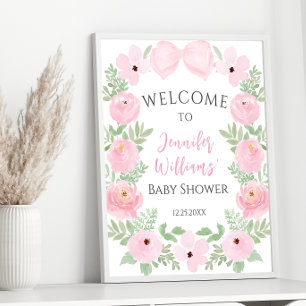 Roze bloemboog babyshower welkomstbord poster