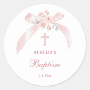 Roze bloemboog doop ronde sticker