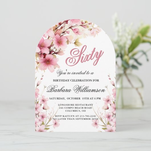 Roze Bloemboog Elegantie 60ste Verjaardagsfeest Kaart (Staand voorkant)
