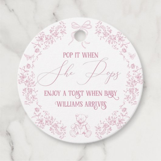 Roze Bloemboog Toile Teddy Bear Baby shower Bedankjes Labels (Voorkant)