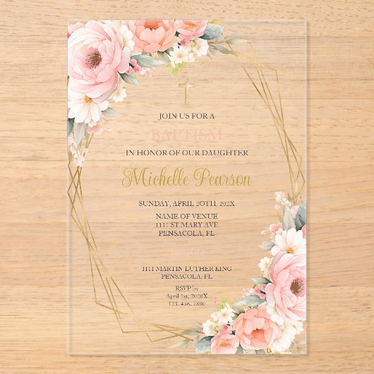 Roze bloemdoop acryl uitnodigingen (Voorkant)