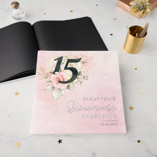 Roze Bloemen 15e Verjaardag Script Party Zilveren  Gastenboek