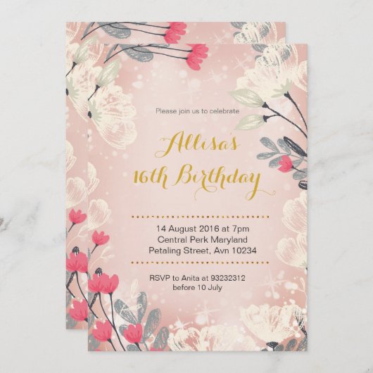 Roze Bloemen 16e Verjaardag Uitnodiging (elke leef (Voorkant / Achterkant)