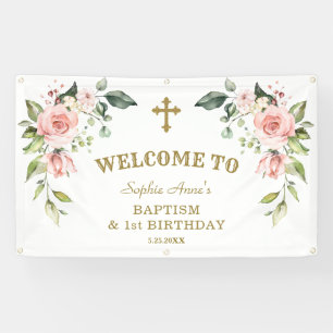 Roze bloemen 1st Birthday Baptism Welkomstteken Spandoek