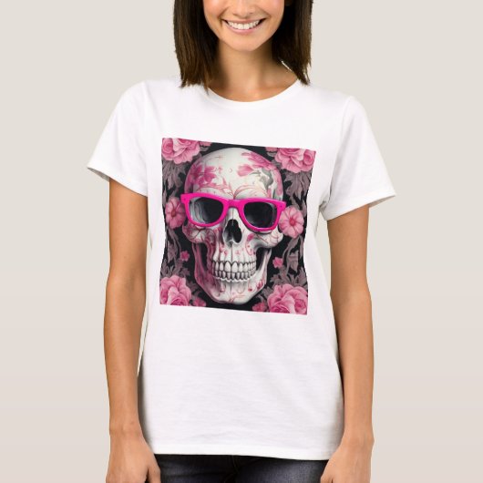 Roze Bloemen 3D Dode Schedel met zonnebril T-shirt (Voorkant)