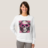 Roze Bloemen 3D Dode Schedel met zonnebril T-shirt (Voorkant volledig)