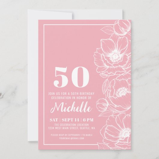 Roze Bloemen 50e Verjaardag Kaart (Voorkant)