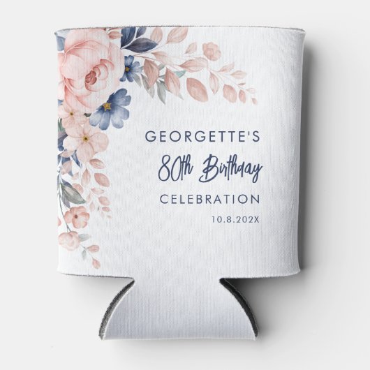 Roze Bloemen 80e Verjaardag Party Script Blikjeskoeler (Voorkant)