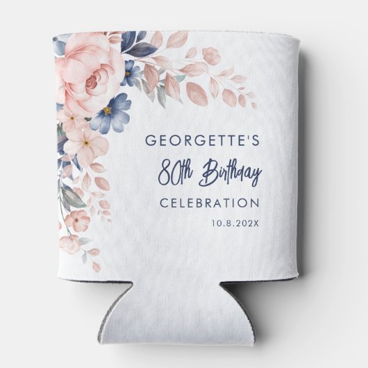 Roze Bloemen 80e Verjaardag Party Script Blikjeskoeler (Achterkant)