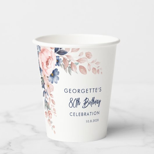 Roze Bloemen 80e Verjaardag Party Script Papieren Bekers (Voorkant)