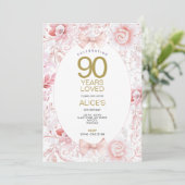 Roze Bloemen 90ste Verjaardag Uitnodiging (Staand voorkant)