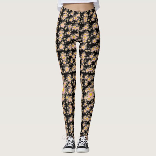 Roze Bloemen Abstract Zwart Leggings (Voorkant)