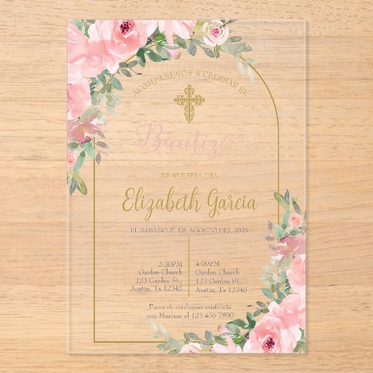 Roze bloemen acryl doop Spaanse uitnodiging Acryl Uitnodigingen (Voorkant)