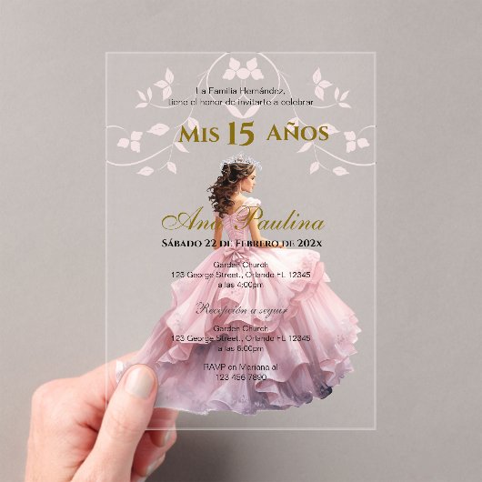 Roze Bloemen Acryl Quinceañera Spaanse uitnodiging Acryl Uitnodigingen (Insitu (Draagbaar))