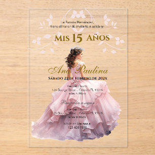 Roze Bloemen Acryl Quinceañera Spaanse uitnodiging Uitnodigingen
