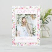 Roze Bloemen Afstuderen Aankondiging Kaart Uitnodi (Staand voorkant)