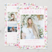 Roze Bloemen Afstuderen Aankondiging Kaart Uitnodi (Voorkant / Achterkant)