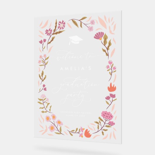 Roze Bloemen Afstuderen Party Sign Acryl Bord (Hoek)