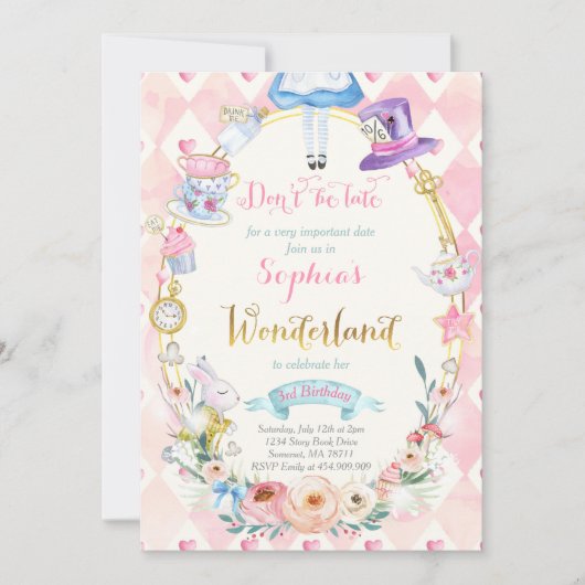 Roze Bloemen Alice In Wonderland Verjaardag Tea Pa Kaart (Voorkant)