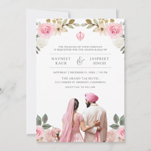 Roze Bloemen Anand Karaj Indiase sikh bruiloft Kaart (Voorkant)