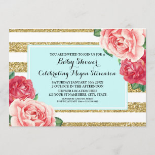 Roze bloemen Aqua Gold Stripes Baby shower Kaart