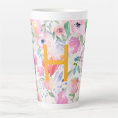 Roze bloemen aquarel monogram latte mok (Voorkant)