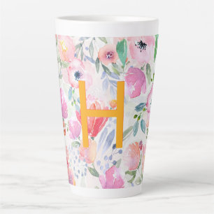 Roze bloemen aquarel monogram latte mok