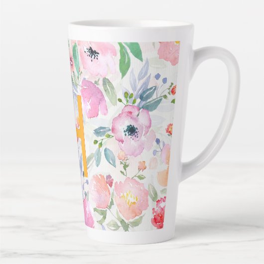 Roze bloemen aquarel monogram latte mok (Rechts)