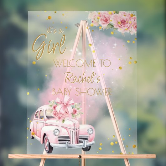 Roze Bloemen Auto Baby shower Welkom Acryl Bord (Neutraal)