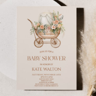 Roze Bloemen  Baby Carriage Baby shower Kaart