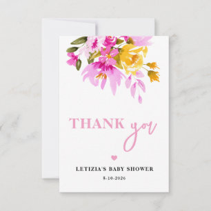 Roze bloemen baby in bloei baby shower bedankkaart