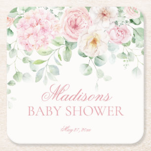 Roze Bloemen Baby in Bloom Hydrangea Baby shower Vierkante Kartonnen Onderzetter