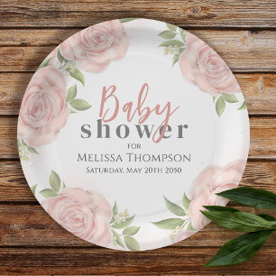 Roze Bloemen Baby Meisje Douche Papieren Bordje