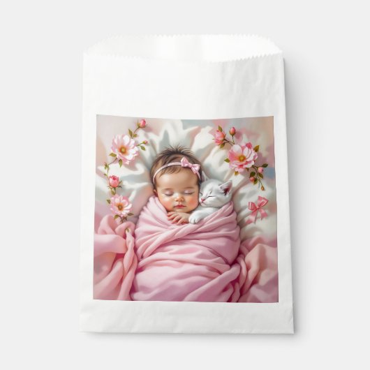 Roze Bloemen Baby Meisje en Witte Kitten Bedankzakje (Voorkant)